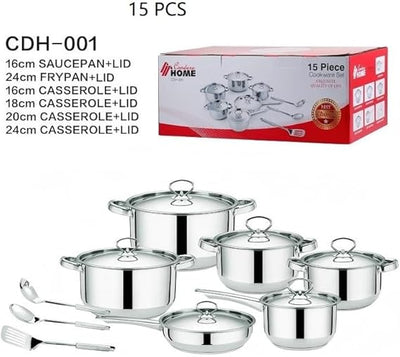 Condere Home CDH-001 15-Piece Stainless Steel Cookware Set – Saucepan, Frypan, Casseroles & Utensils | Gas, Induction & Electric
