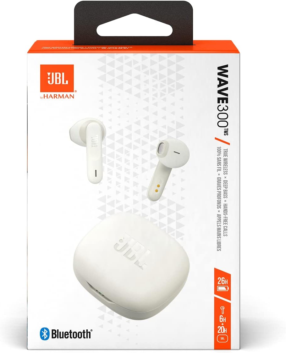 JBL Wave 300 TWS True Wireless Earbuds | Deep Bass | 26H Playtime | Hands-Free Calls | White