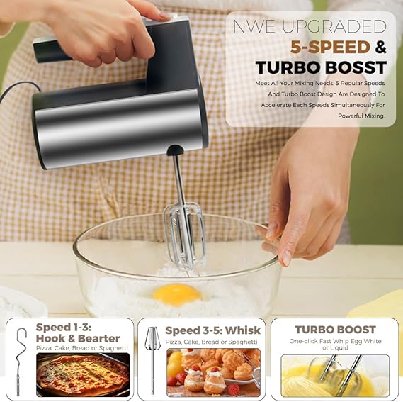 Condere DH-6200 200W Electric Hand Mixer – 5-Speed + Turbo, Stainless Steel Beaters & Dough Hooks