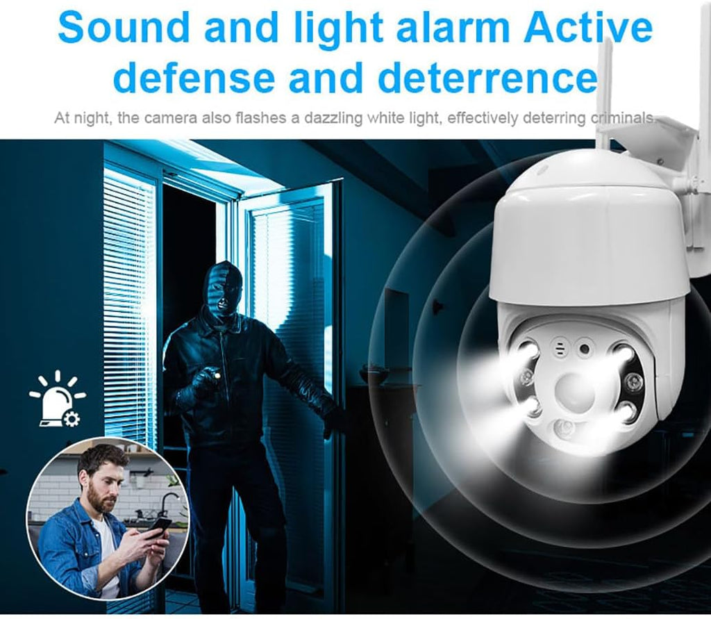 Wireless PTZ Security Camera | Siren Alarm | Spotlight | 360° | AI Motion Detection | Colour Night Vision | IP66 | WiFi Battery