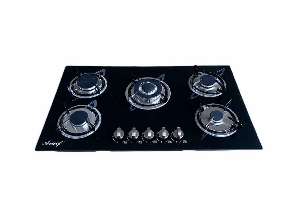 Aruif Built-In 5-Burner Tempered Glass Gas Hob – Stainless Steel Burners, Auto Ignition & Flame Failure Safety