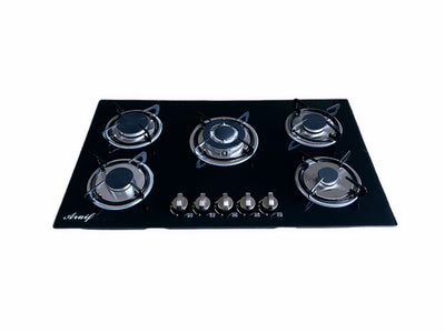 Aruif Built-In 5-Burner Tempered Glass Gas Hob – Stainless Steel Burners, Auto Ignition & Flame Failure Safety