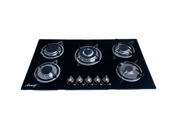 Aruif Built-In 5-Burner Tempered Glass Gas Hob – Stainless Steel Burners, Auto Ignition & Flame Failure Safety